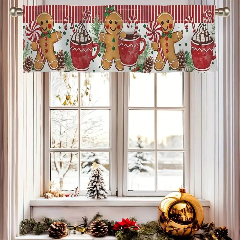 VIKAMA Christmas Window Valance White Gingerbread Man Candy Cane Short Curtain for Kitchen Bedroom Living Room Home Decor