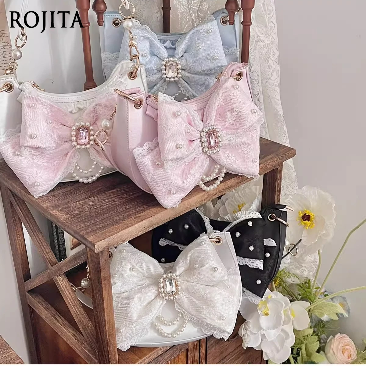 

Sweet Lolita Lace Bow Underarm Bag Spring New Pearl and Rhinestone Kawaii Shoulder Bag for Women Cute Underarm Bag