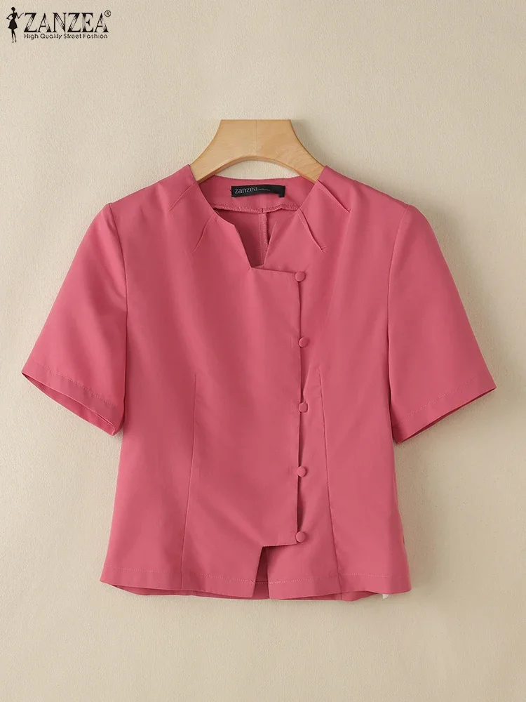 

ZANZEA Women Shirts Retro Short Sleeve Tops Summer V Neck Blusas 2025 Fashion Oversized Casual OL Work Tunics S-3X