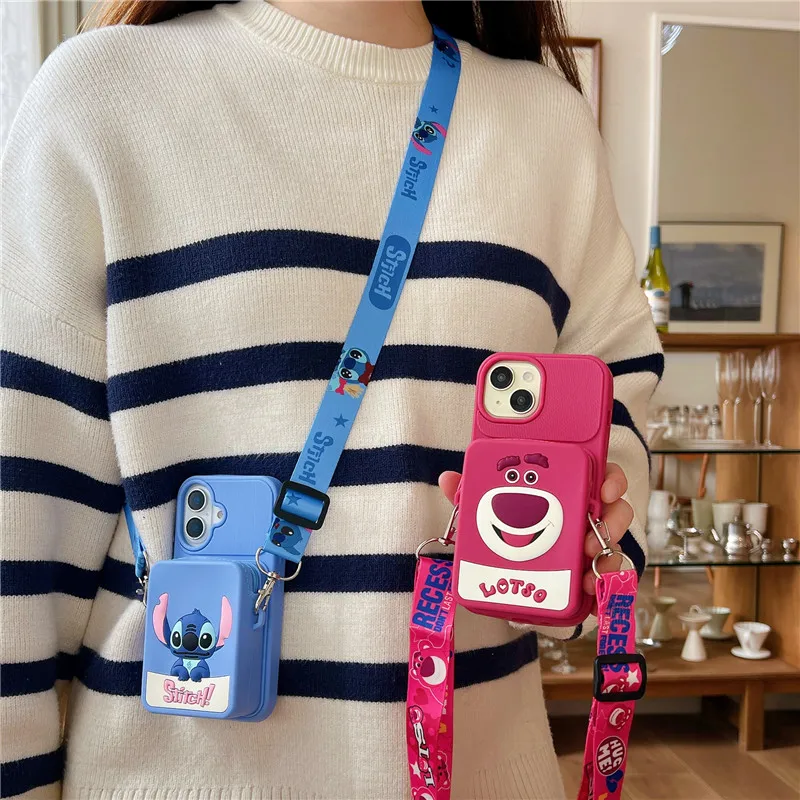 Disney-Stitch Lotso Pocket Phone Case for iPhone Messenger Bag Silicone Cover Toy Story iPhone 11 12 13 14, 15, 16 Pro Max, Plus