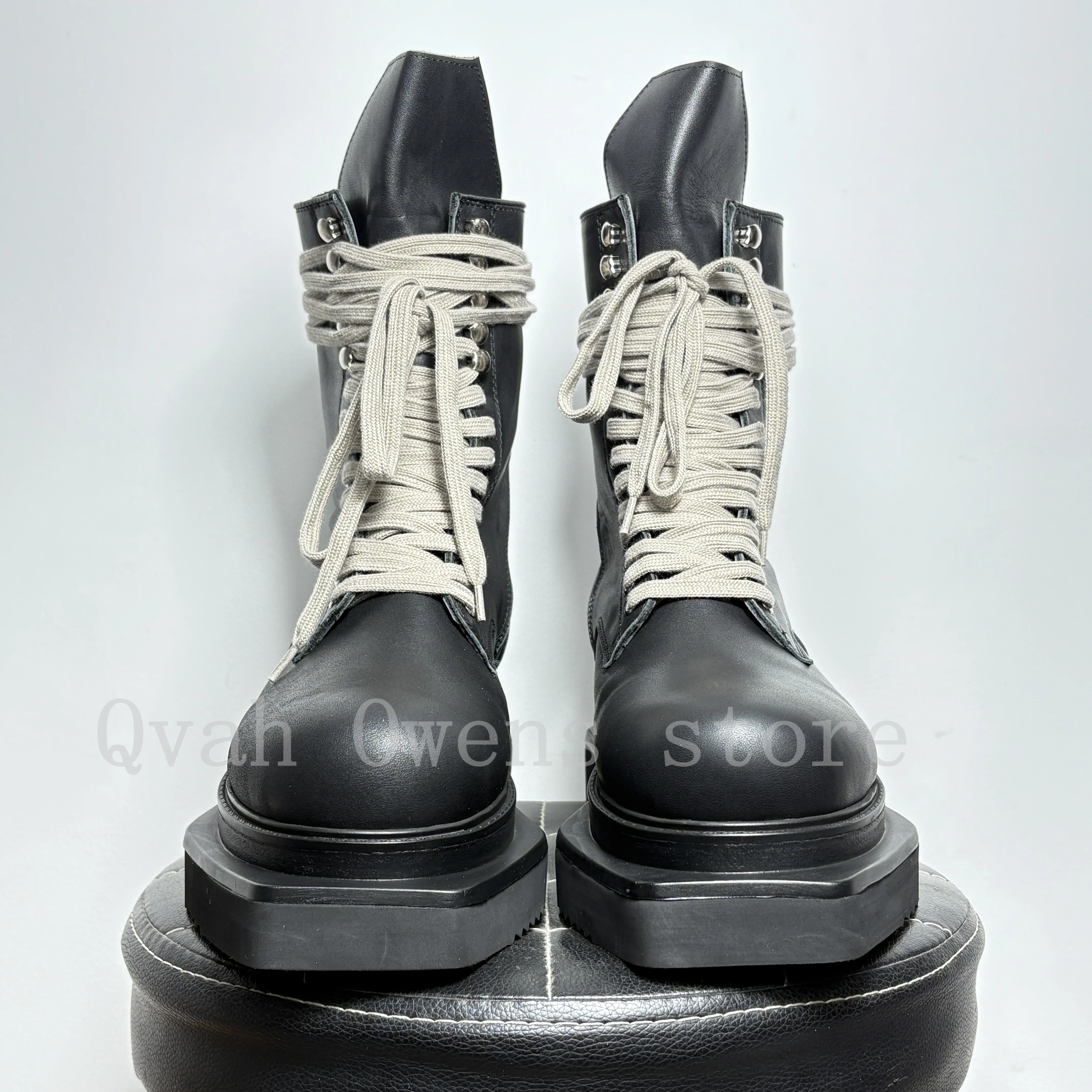 Men\'s High Top Shoes Platform Sneakers Chunky Sole Leather Lace Up Zip Heels Luxury Trendy Designer Black Motorcycle Boots