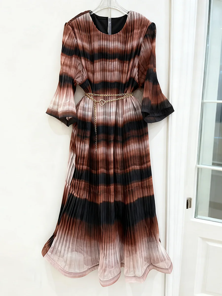 فساتين VGH متدرجة ذات ثنيات مع سلسلة معدنية للنساء برقبة دائرية وأكمام ثلاثة أرباع أنيقة عالية الجودة على شكل حرف A فستان نسائي #3