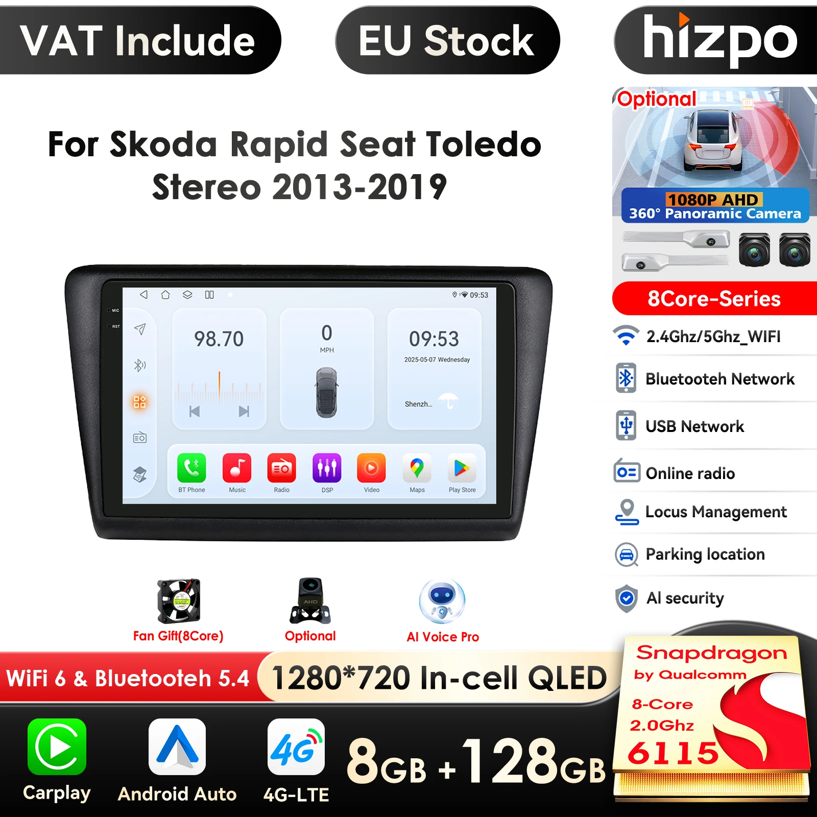 Ai intelligenter Bildschirm 2din Android Autoradio Multimedia-Video-Player für Skoda Rapid 2012-2018 Sitz Toledo GPS Carplay 4g RDS BT