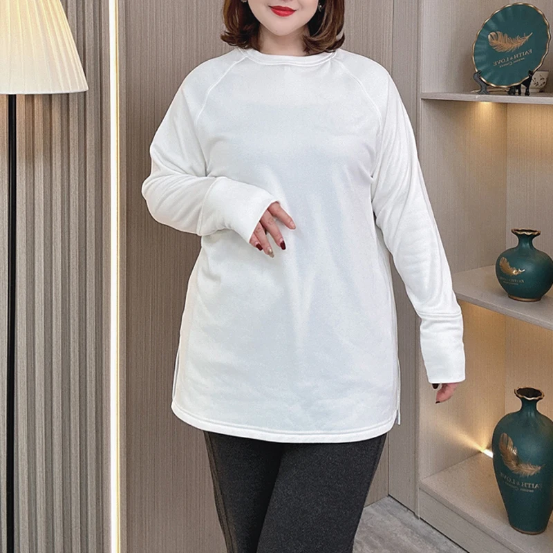 Plus Size Women's Tops  Simple Casual fleece-lined Thicken Long Sleeved Base T-shirt With Solid Color Inside Warm Tees 6118