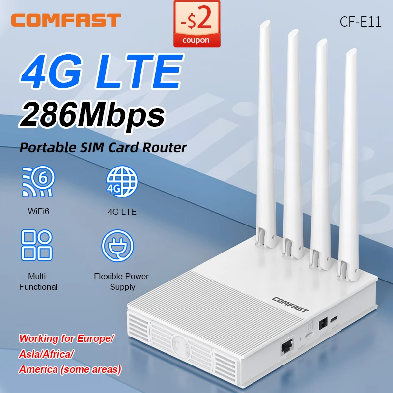 

Comfast 4G LTE Router WiFi6 Router 300Mbps 4G WiFi Portable Router Modem 4 Antenna with SIM Cards Access Point Hotspot Router
