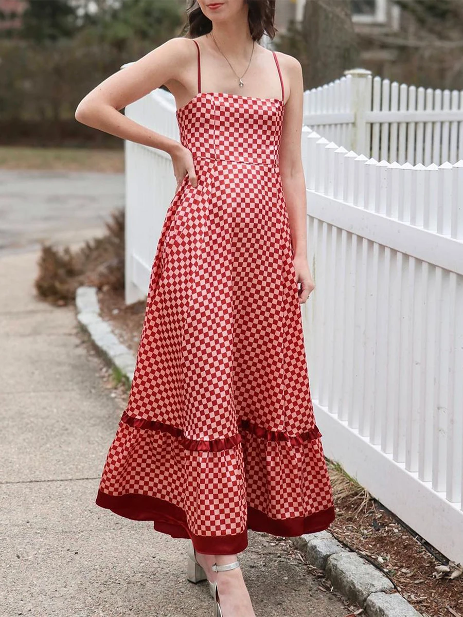 Vestido de praia longa de verão feminino, sem mangas, xadrez impresso, vestido maxi fluido, vestido deslizante a linha