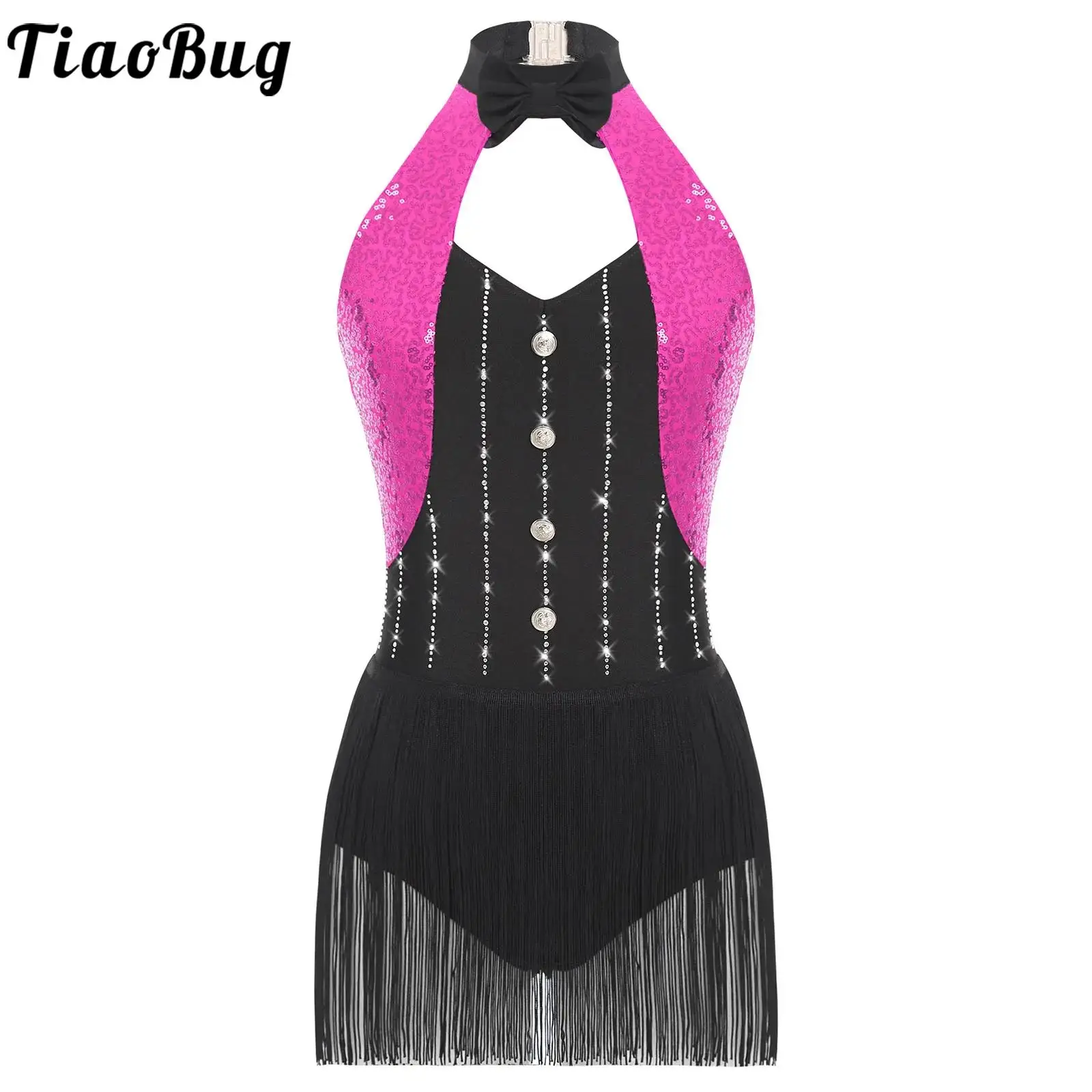 

Women Sleeveless Latin Tango Dance Dress Contrast Color Tassel Leotards Ballroom Ballet Dance Costume Waitress Dancing Dresses