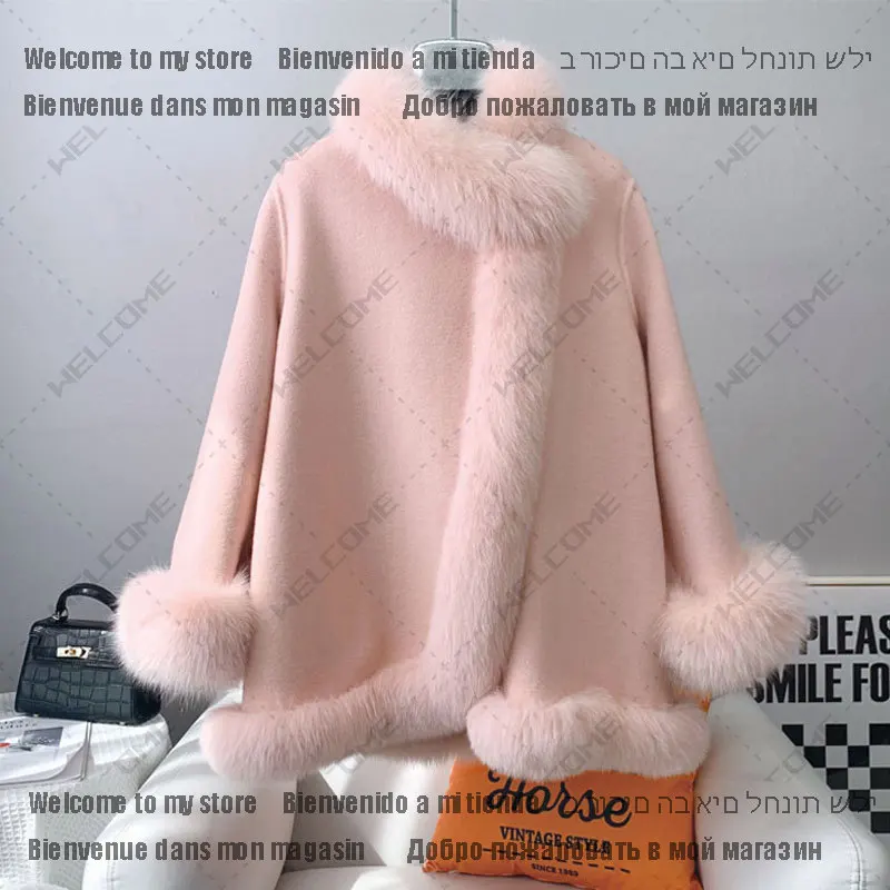 Winter Solid Faux Fox Fur Collar Poncho Coat Luxury Warm Women Cashmere Jacket Cute Female Lace up Parkas Wollen Overcoat