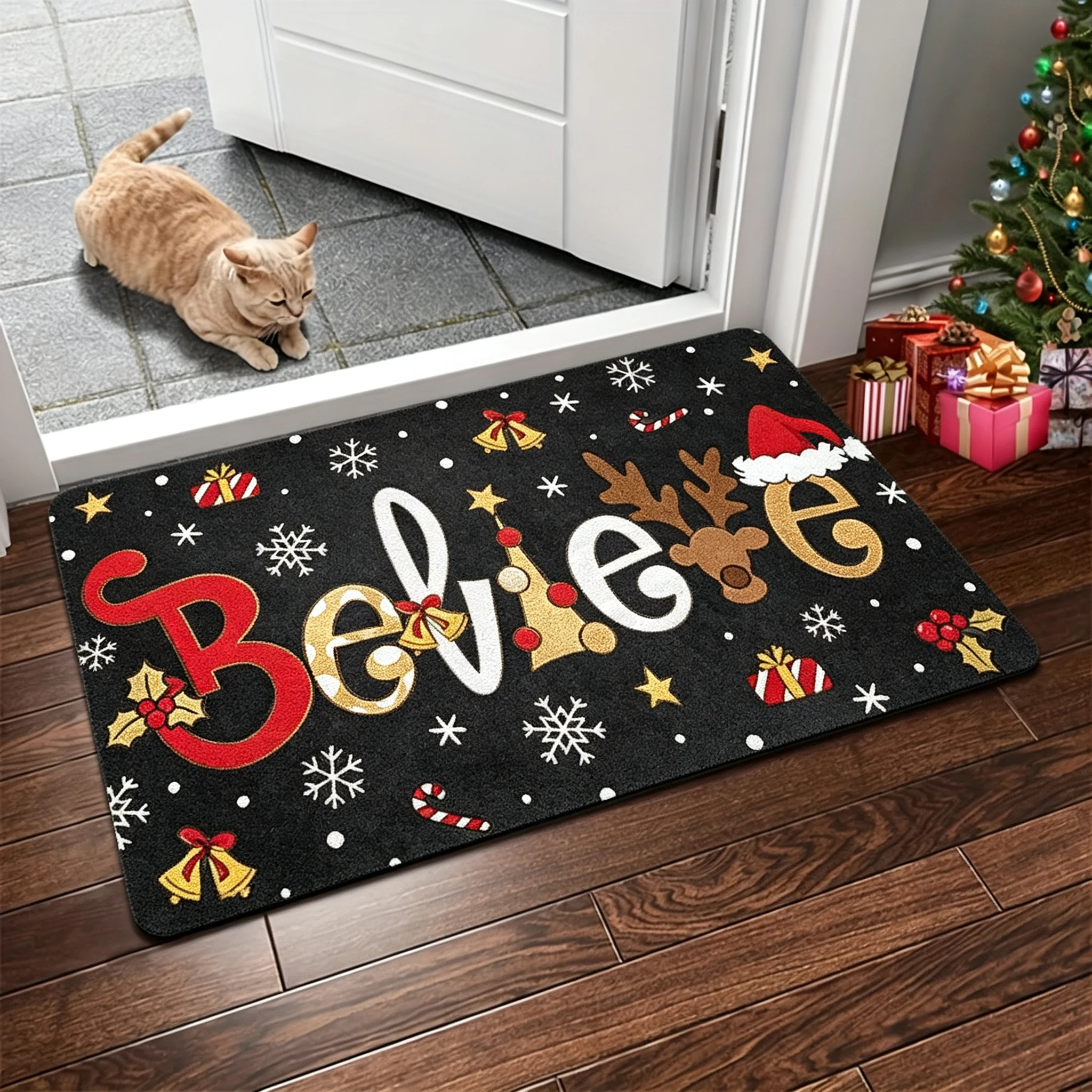 Christmas Believe Doormat for Front Entryway Floor Mat Home House Decor Xmas Reindeer Snowflake Letter Print Stylish Indoor