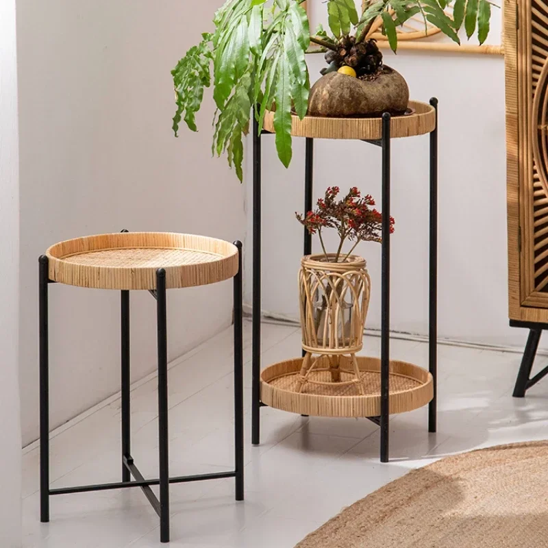 2-Tier Minimalist Rattan Flower Stand Iron Plant Shelf for Balcony Modern Plant Holder for Living Room Farmhouse FlowerPot Stand
