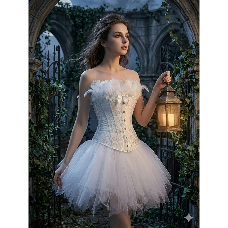 Gothic Style Jacquard Corset Tutu Skirt And Set, Halloween Black Swan, Black Angel Costume Set. Party Dress Set, E
