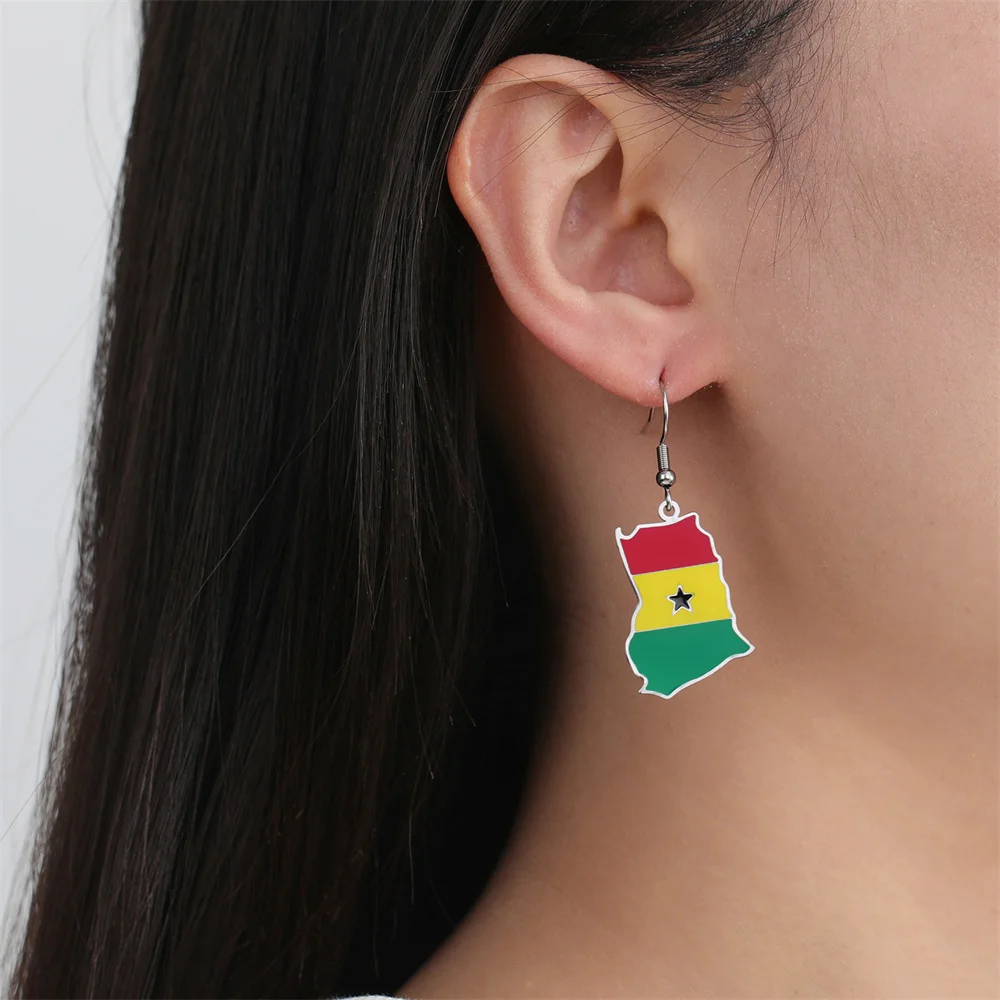 EUEAVAN Enamel Ghana Map Pendents Dangle Earrings for Women Stainless Steel Trendy Africa Flag Ethnic Jewelry Gifts Wholesale