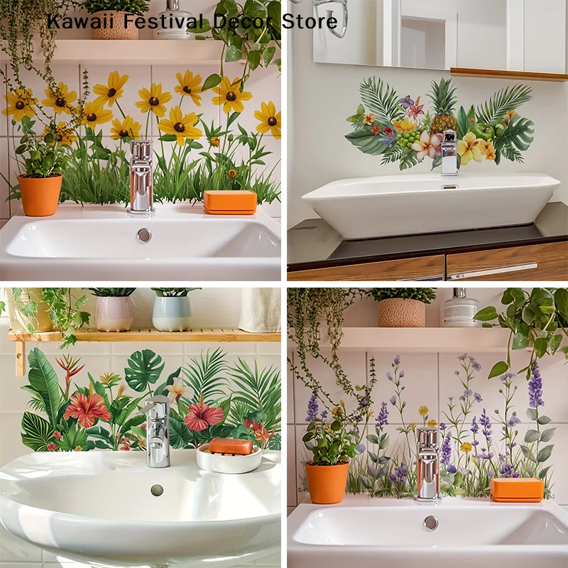 【K】Morden Fresh Floral Pattern Sink Area Background Wall Stickers Bathroom Wall Decoration Self-Adhesive Removable Waterproof