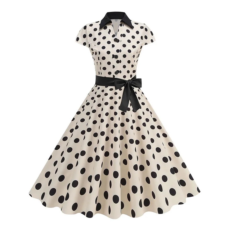 Elegant Vintage 1950s Women Summer Dress Polka Dot Print Turn-Down Collar Party Sundress with Belt