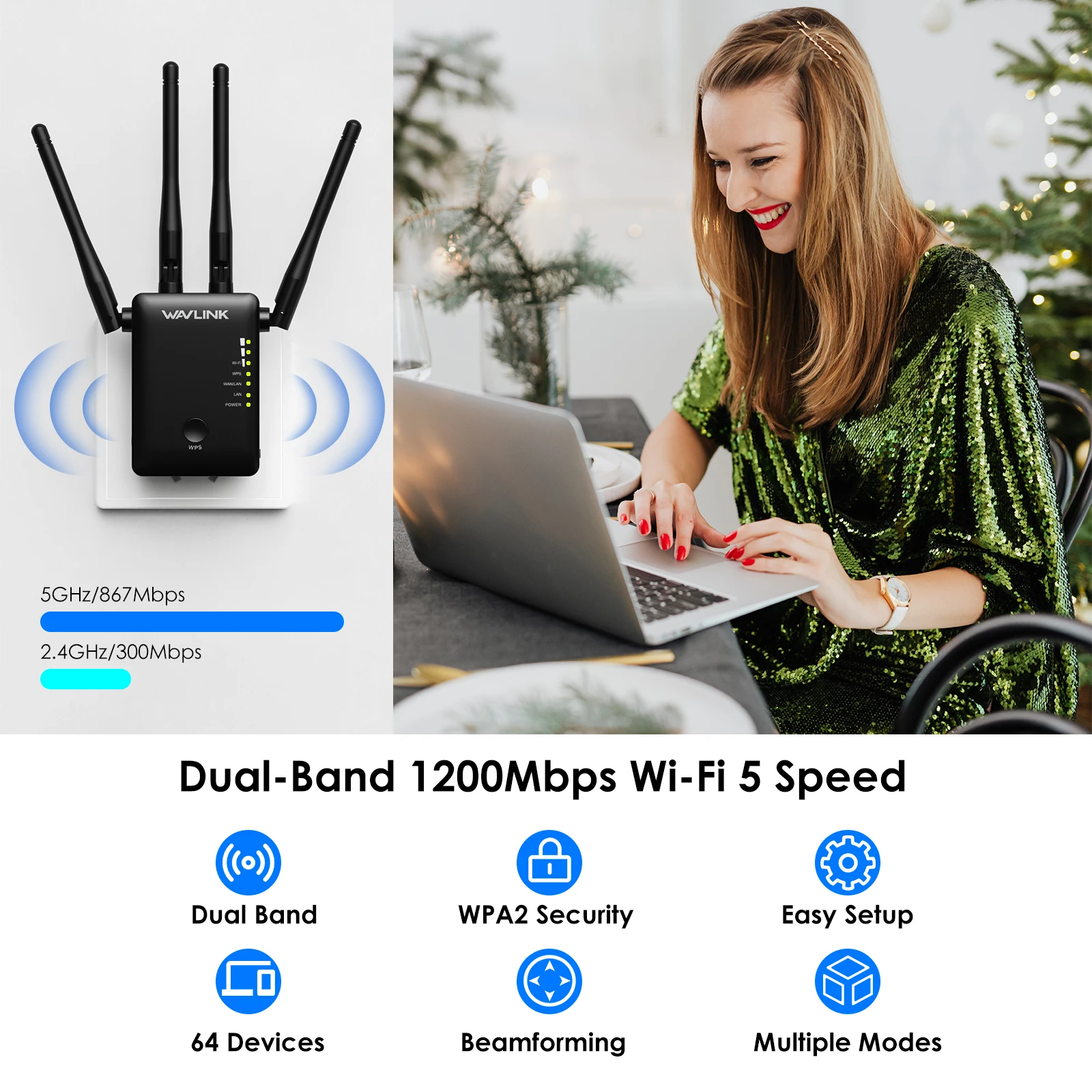 Wavlink AC1200 High Gain Dual Band Wireless Long Range Extender Repeater Router Supports 802.11ac With Four External Antennas