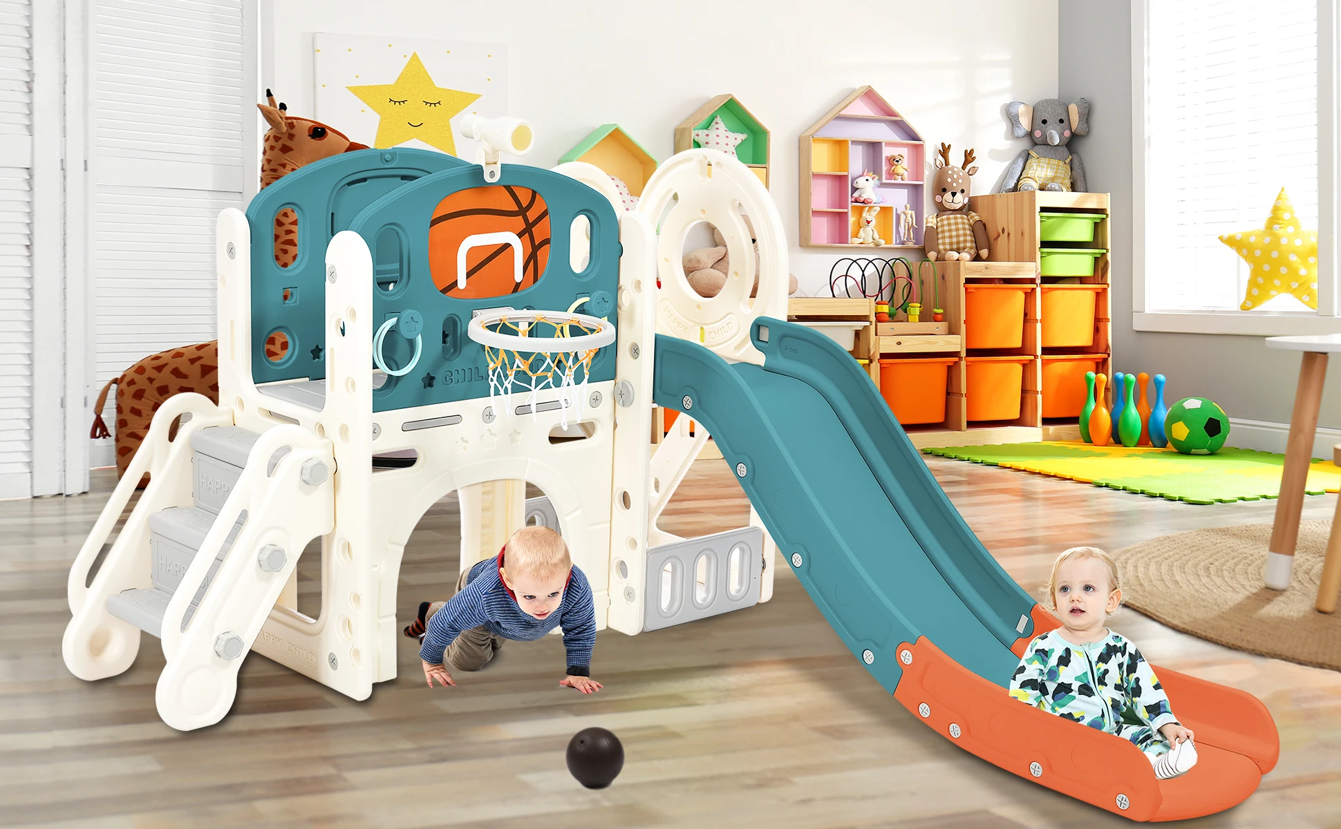 

Kids Slide Playset Structure, Freestanding Castle Climbing Crawling Playhouse with Slide, Arch Tunnel, Ring Toss, and Basketball