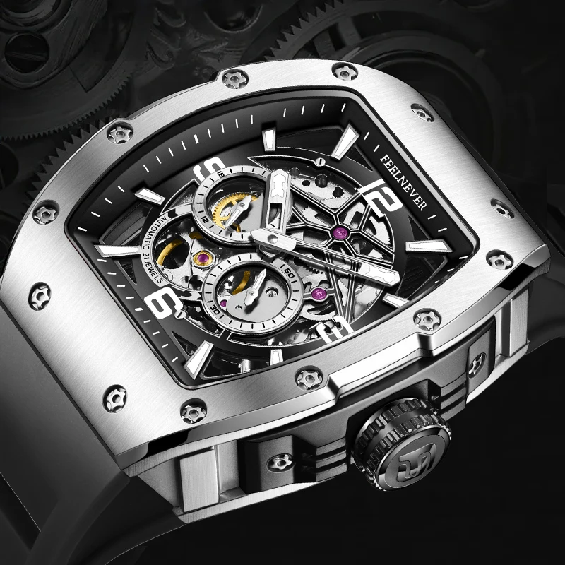 FeelNever NEW Fashion Mechanical Man Watch Luxury Hollow Silicone Automatic Watches for Men Waterproof Casual Sports Wristwatch