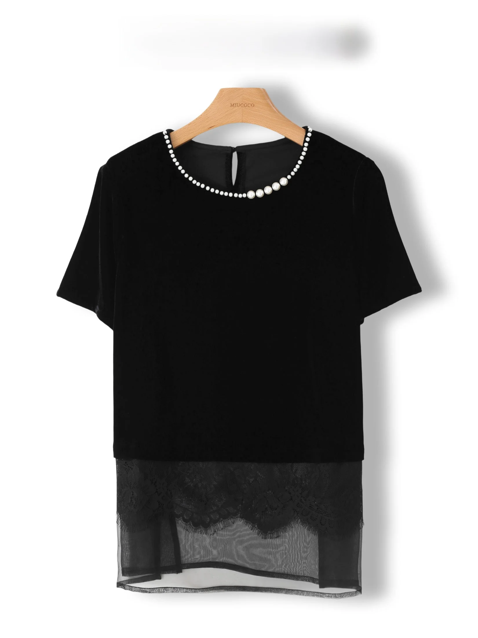 

New Chinese Style Short Sleeve T-Shirt Women's Real Silk Velvet Top Heavy Embroidery Lace Splicing round Neck Velvet Shirt
