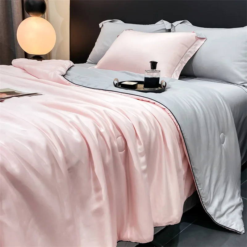 

Pink Luxury Lyocell Tencel Summer Quilts Ice Silk Air Conditioning Single Queen Bed Quilt Dormitory Soft Summer Quilts Bedding