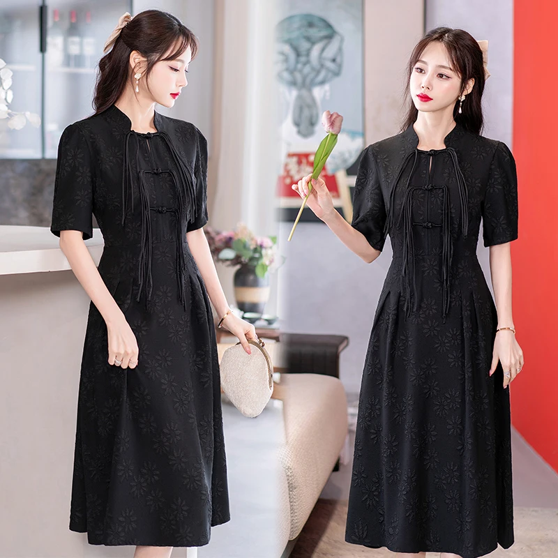 Elegant Retro Slim Young Black Improved Cheongsam Traditional Chinese Qipao Dress Clothing for Women