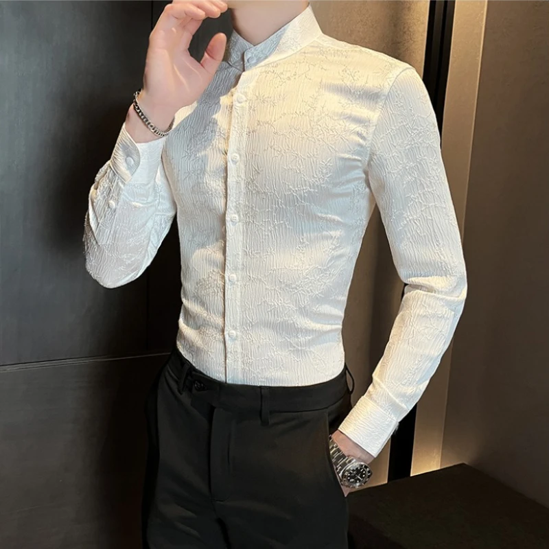 Trend Men's Stand Collar Jacquard Shirt Long Sleeve Casual Business Dress Shirts Street Wear Social Daily Shirts Men Clothing