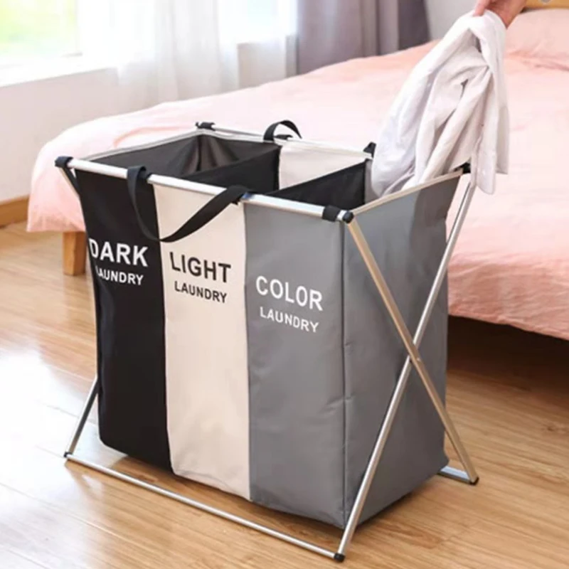 3 Grids Foldable Laundry Basket Large Capacity Toys Clothes Organizer Aluminum Bracket Waterproof Bathroom Laundry Basket Hamper