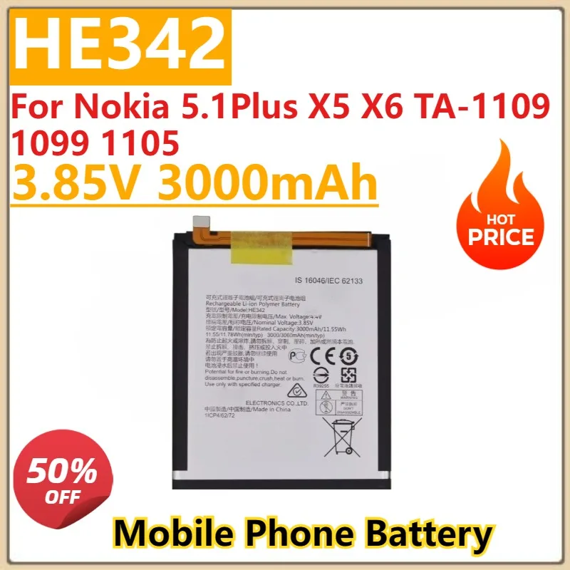 

New 3.85V 3000mAh HE342 Replacement Battery For Nokia 5.1Plus/X5/X6 TA-1109/1099/1105 Phone High Quality Battery