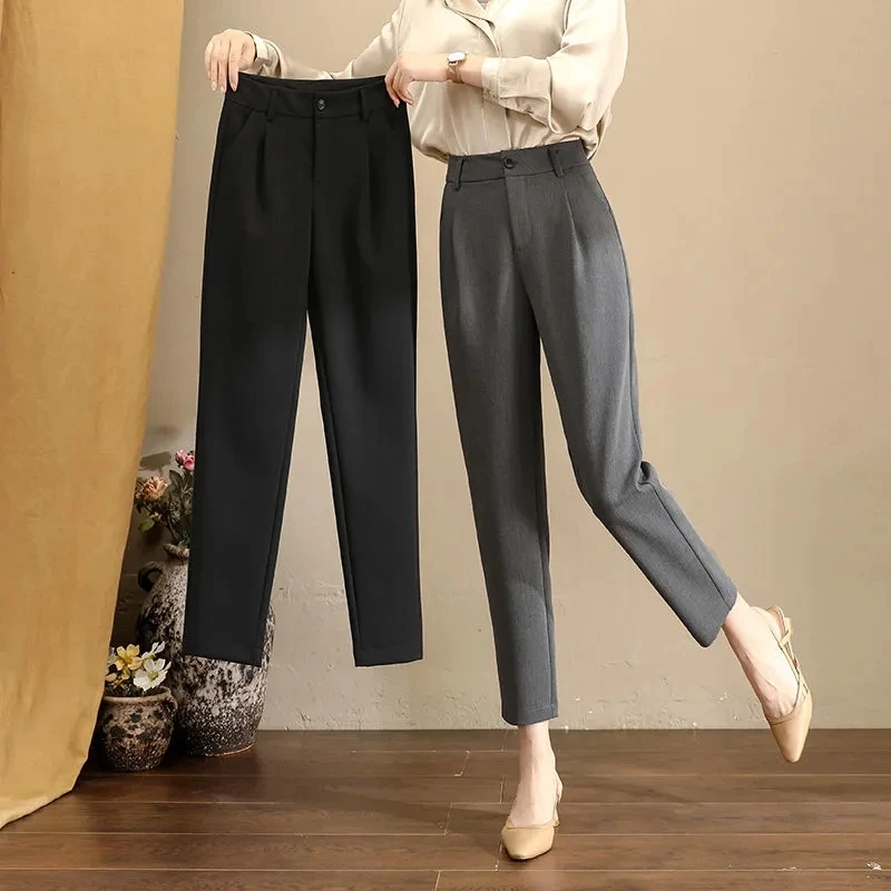 Gerade Schwarz Feste Beiläufige Hohe Taille Formale Büro Dame frauen Anzug Hosen Koreanische Mode Ankle-Länge Hosen Für frauen 2024