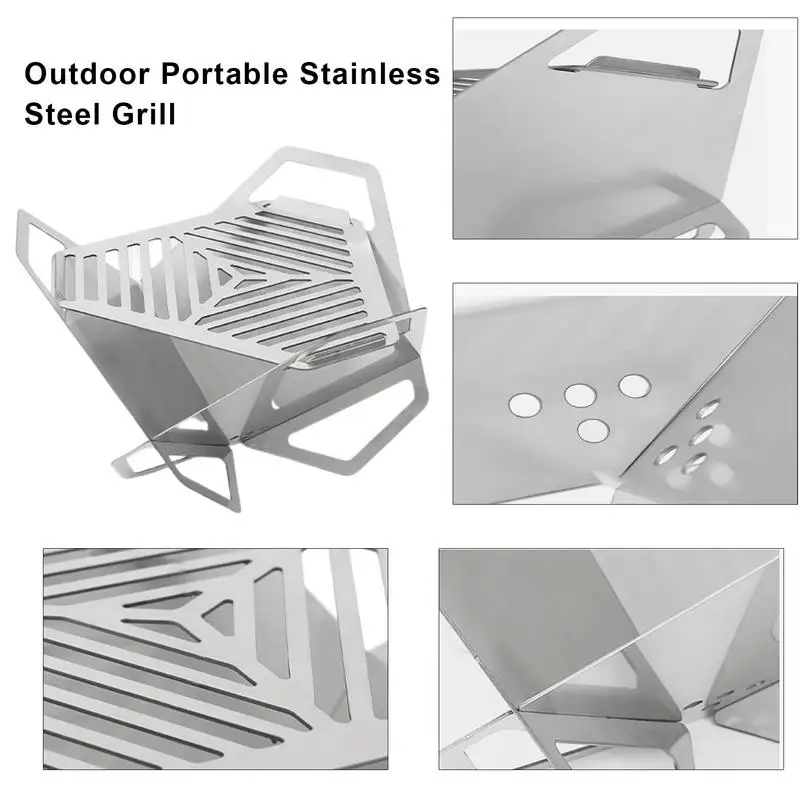 Outdoor Portable BBQ Grills Portable Triangle Camping Fire Pit Windproof Mini Stainless Steel Grill With Carrying Bag For