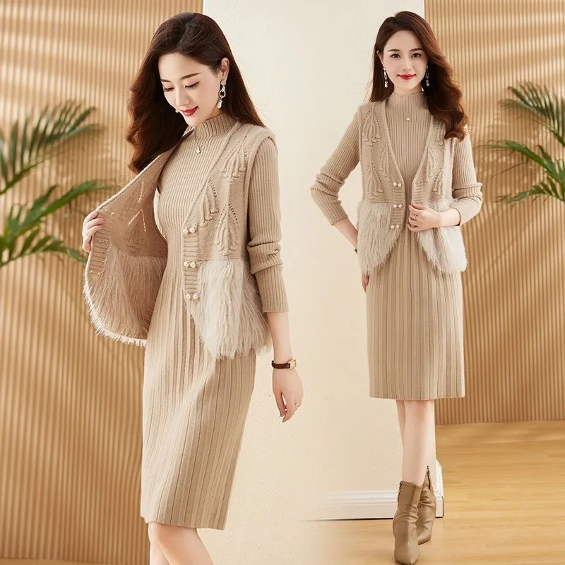 

Korean Style Two-Piece Set Fleece-lined Thickened Knitting Dress New Mid-Length Loose Slimming All-Match Fashion