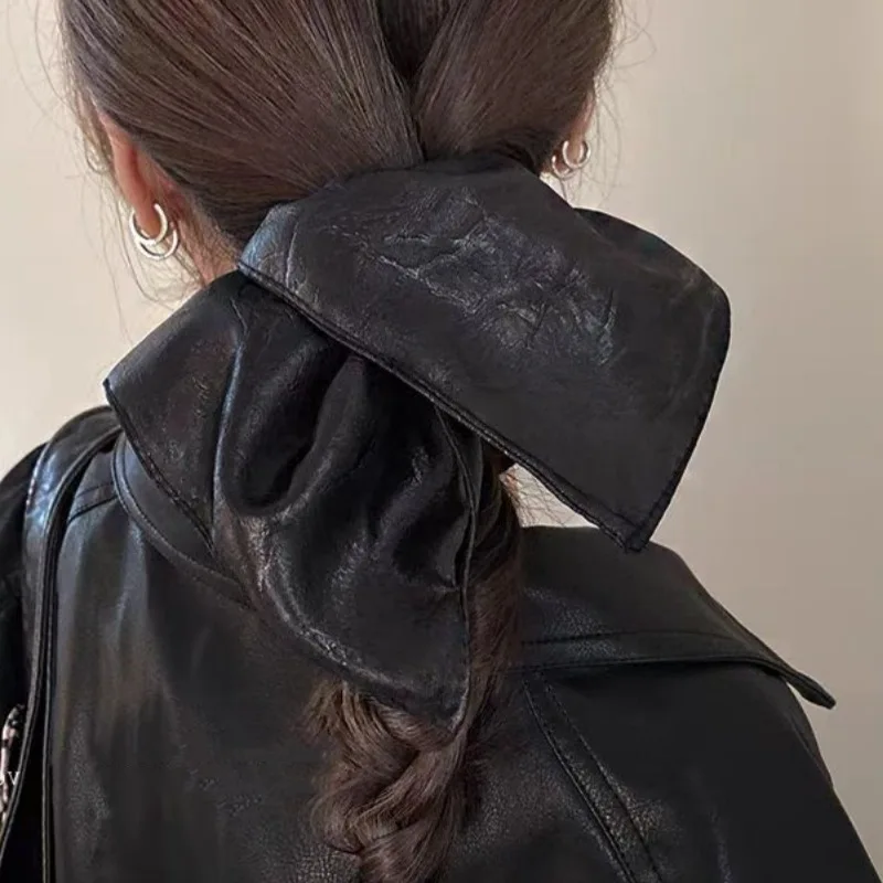 Fashion PU Leather Square Hair Scrunchies Black Silver Elastic Head Bands Women Cool Retro Hair Ropes Ponytail Holder Headwear
