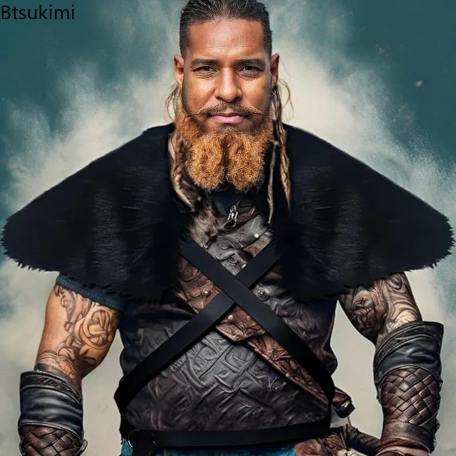 Medieval Men Warrior Viking Fur Wrap Drape Shawl Winter Warm Fur Collar Capelet Artificial Fur Cloak Halloween Cosplay Costume