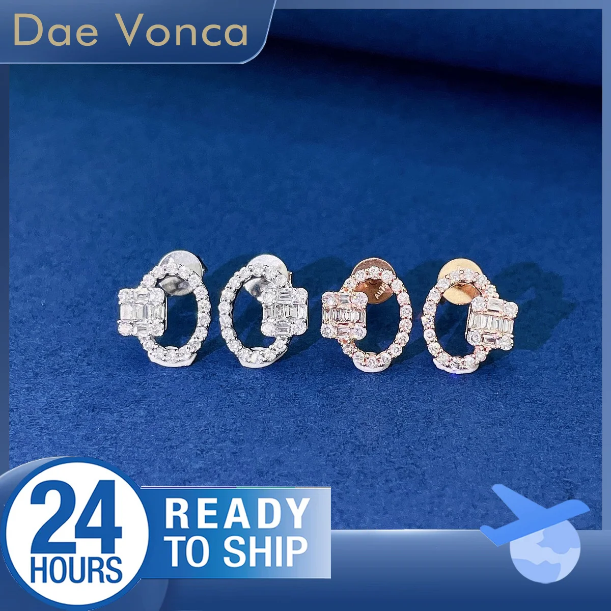 

Total 0.34ct Baquette and Round Cut Natural Diamond Earrings 18K White/Rose Gold Hoop Cube Natural Diamond Stud Earrings