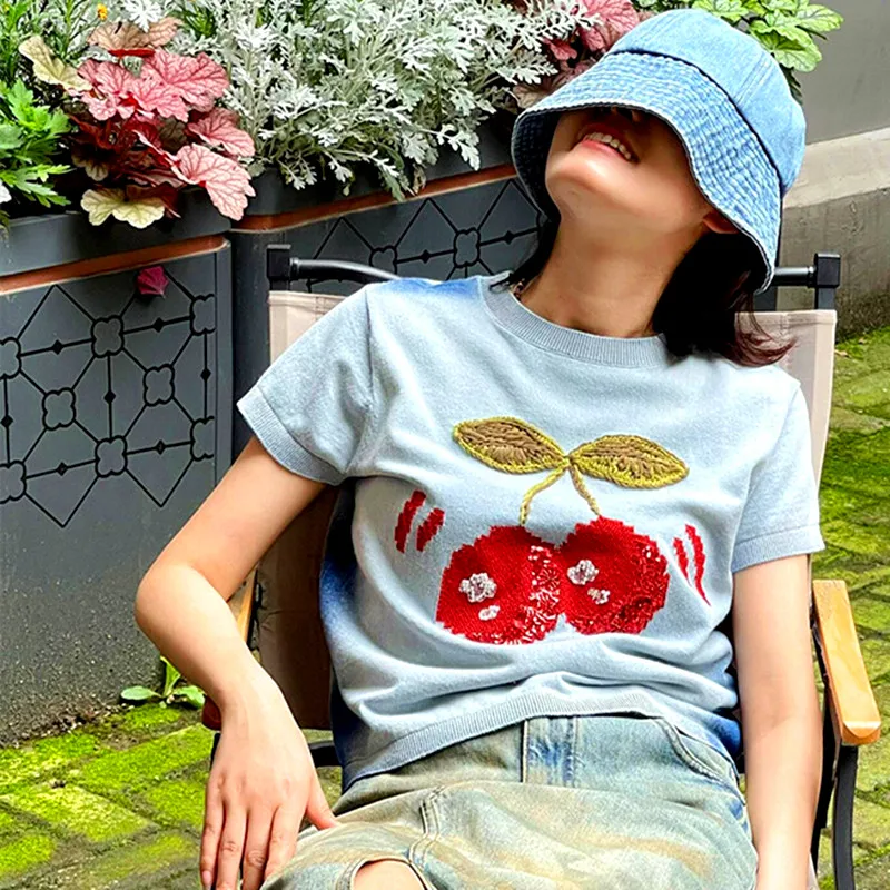 

Women Tshirts Knitted Embroidery Cherry Sequined Shinny Casual Summer T Shirt Chic Y2k Retro Knitting Nice New Tops NZ219