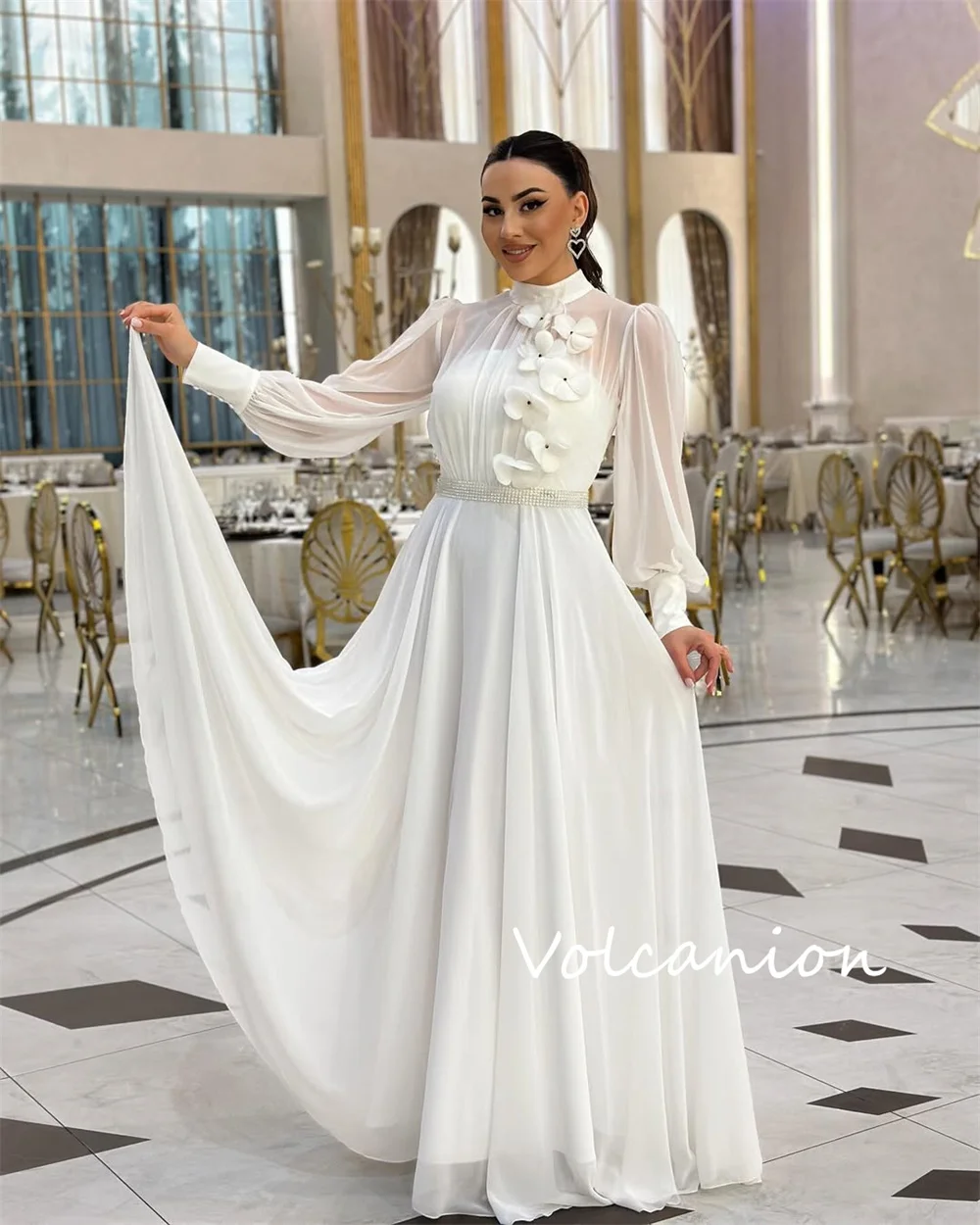 カスタマイズされたカジュアルシフォンアップリケプリーツAラインハイカラーロングドレスオーダーメイド機会モダンスタイルクラシック