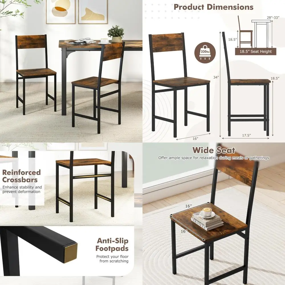 Rustic Farmhouse Style Wood and Metal Armless Dining Chairs Set of 2 with Comfortable Wide Seats and Slanted Backs