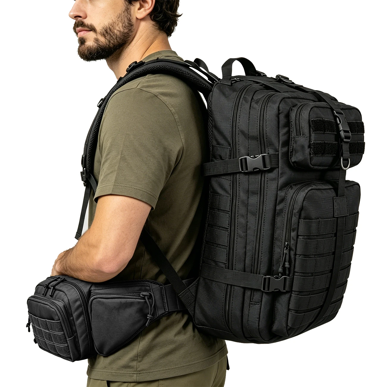 Large capacity backpack+multifunctional waist pack, can be used separately or combined for partition storage