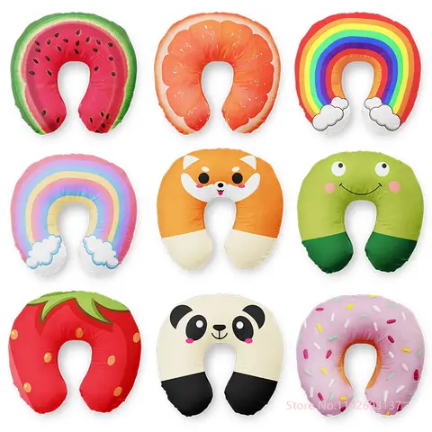 Bonito dos desenhos animados ins estilo viagem pescoço travesseiro em forma de u panda arco-íris nuvem frutas almofada inflável para crianças adultos família amigos