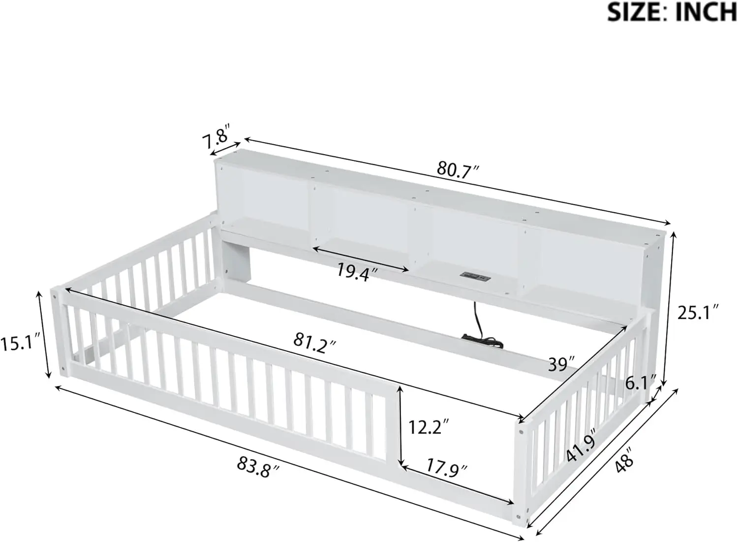 Luspaz Twin Xl Size Wood Montessori Floor Bed Frame With Storage Cabinets And Usb For Kids, Playful Floor Bed With