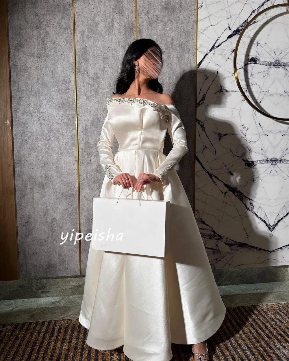 Satin Sequined Ruched Clubbing A-line Off-the-shoulder Bespoke Occasion Gown Long Dresses