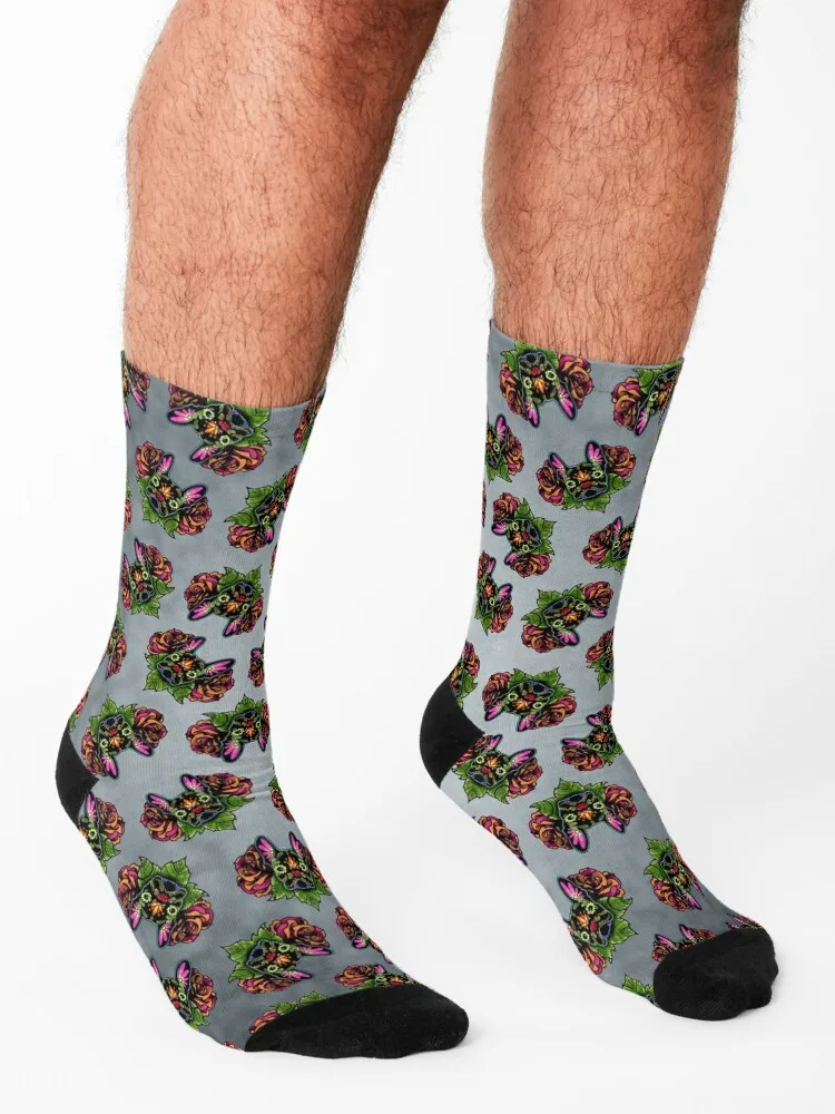 Day of the Dead French Bulldog in Black Sugar Skull Dog Socks japanese fashion compression kawaii halloween Woman Socks Men's