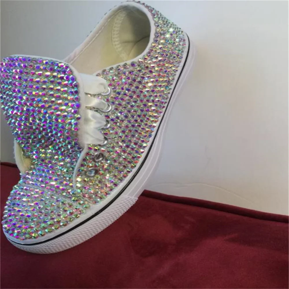 White low top color rhinestone ribbon custom style canvas shoes integrated sports casual shoes women\'s shoes 35-46