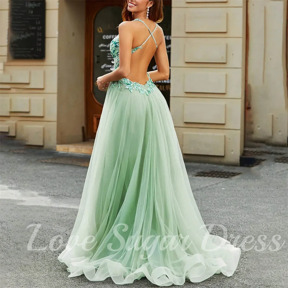 Sexy Backless Vestidos De Noite Para As Mulheres Uma Linha Lace Applique Long Prom Dress V Neck Formal Party Gowns vestidos para mujer