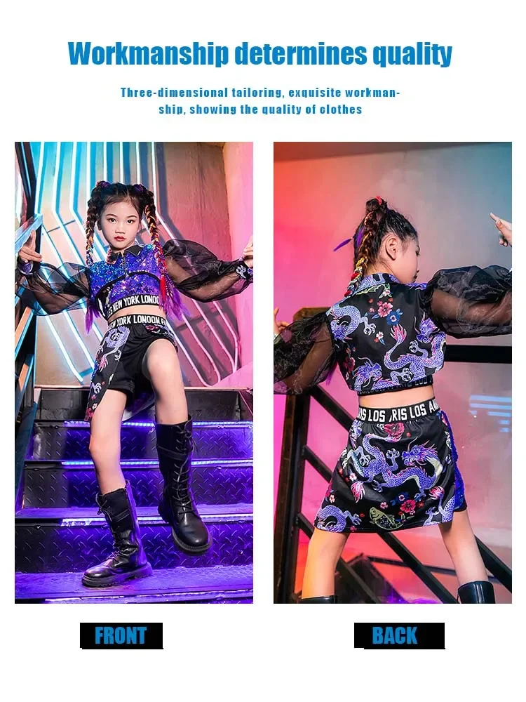 

ZZL Urban Dance Girl Clothes K-pop Stage Outfits for Children Purple Black Sequin Dress Jazz Dance Hip-hop Runway Show Costume