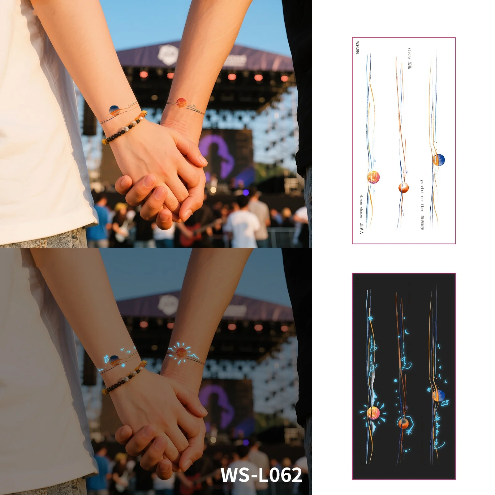 

5 шт. Bestie пара персонализированные татуировки наклейки синие светящиеся водостойкие временные татуировки планета цветок браслет поддельные татуировки