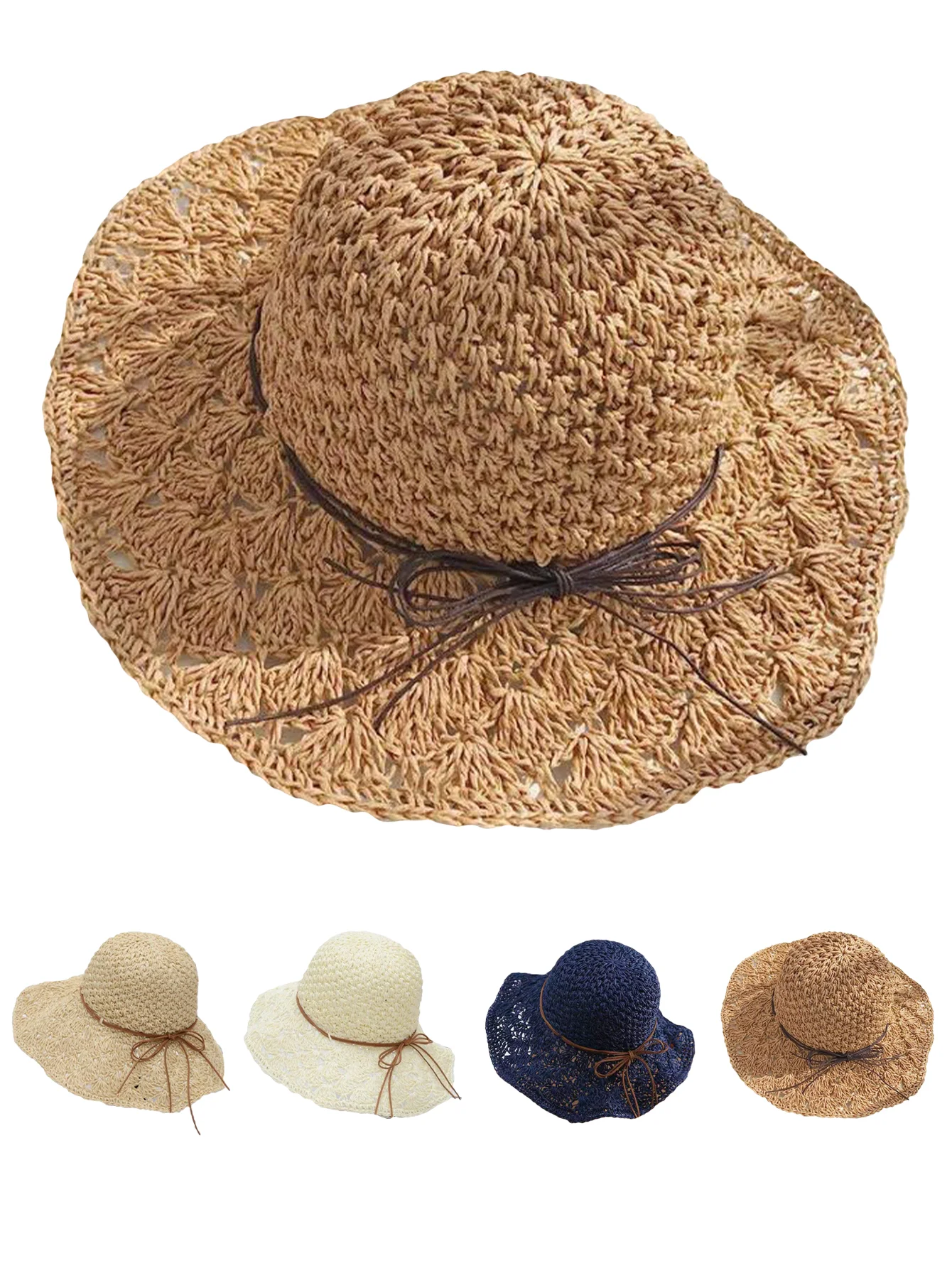 Handmade Straw Hat for Women Summer Fashion Bowknot Foldable Sunscreen Panama Lady Wide Brim Outdoor UV Sunscreen Beach Cap