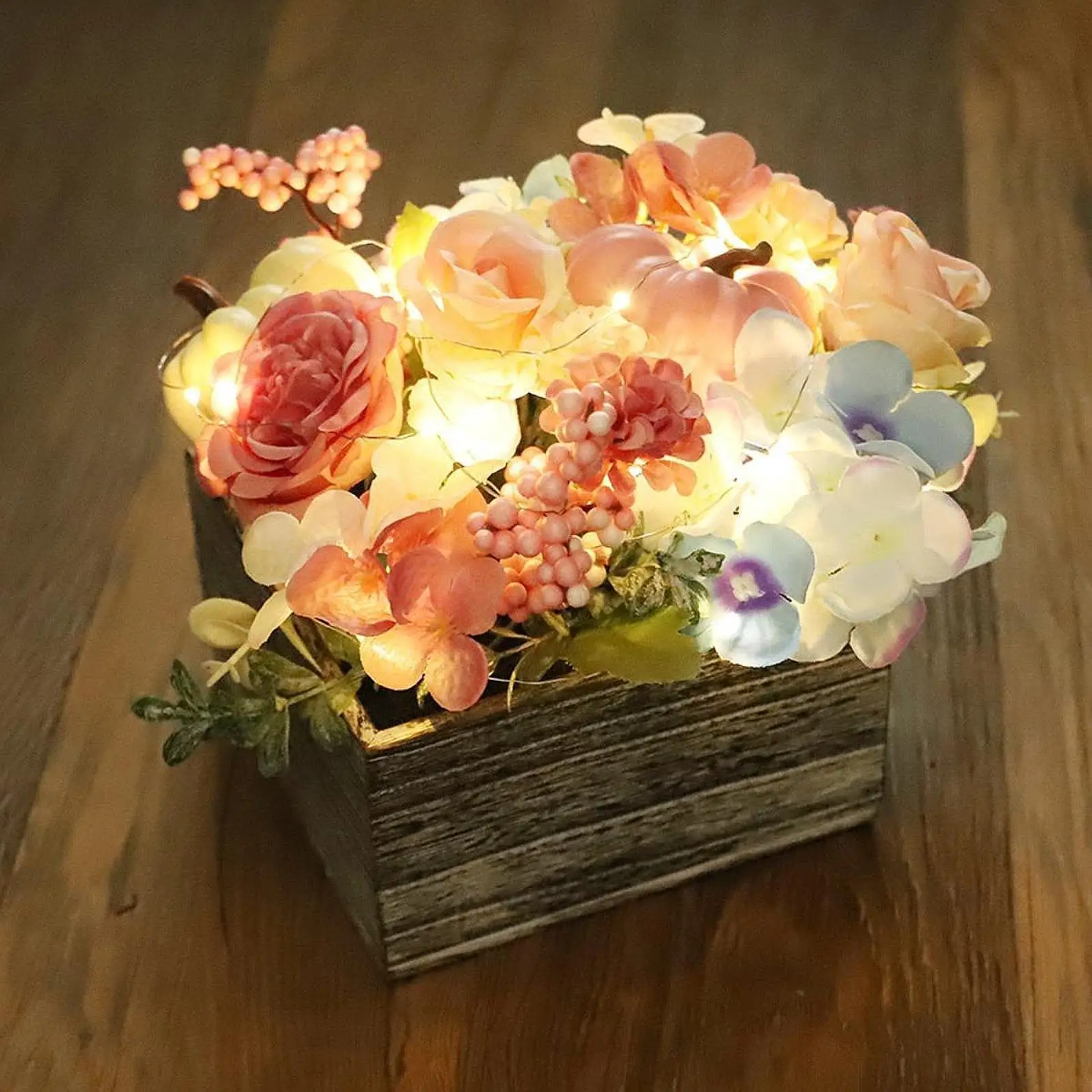 

Flower Table Centerpiece Wooden Box Artificial Arrangements Fake Flowers, Decor for Bathroom