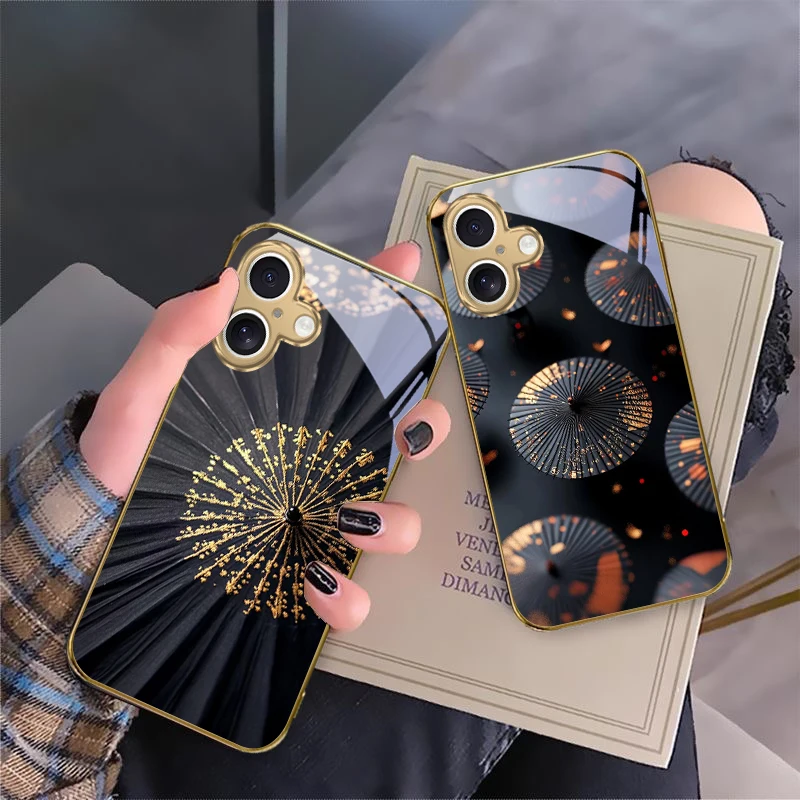 

Artistic black umbrella For iPhone 17 Pro Max 16 16E 15 14 13 Plus 12 mini 11 15Pro 17 Air XR X 17ProMax Golden glass phone case