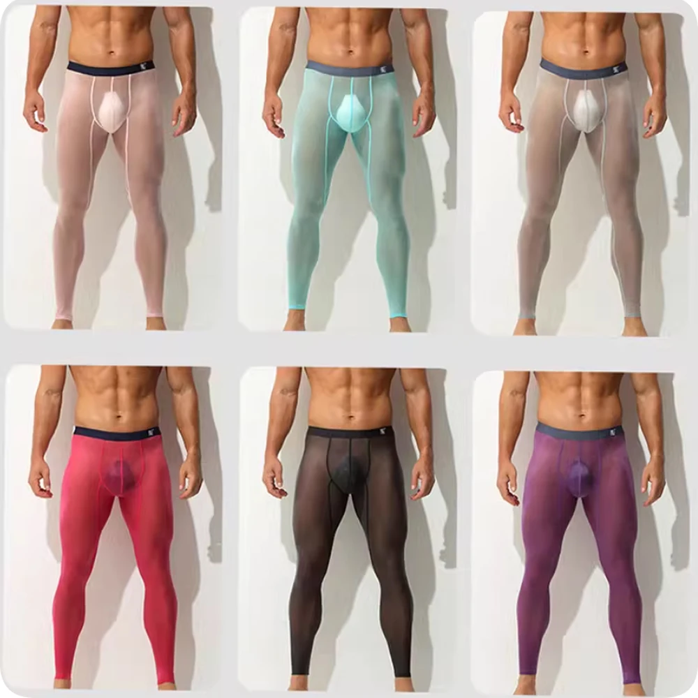 

2Pcs Men Ice Silk Thin Long Pants Quick Dry Leggings Breathable High Elastic Skinny Transparent Trousers Tight Fitness Underwear