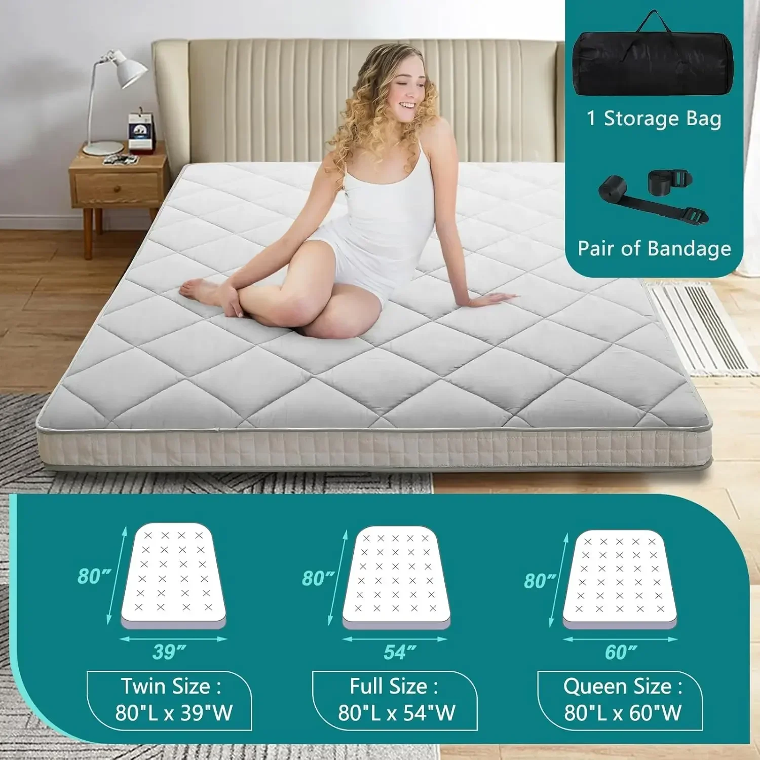 Japanese Floor Futon Mattress, Thicken Roll up Tatami Mat, Foldable Mattress Topper Sleeping Pad Lounger Guest Bed for Camping C